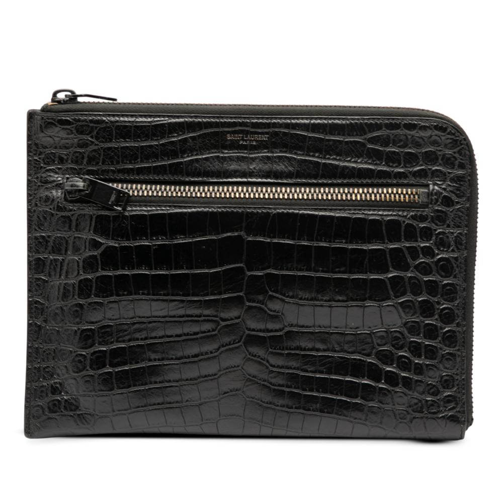Saint Laurent B Saint Laurent Black Calf Leather Croc Embossed Clutch Italy