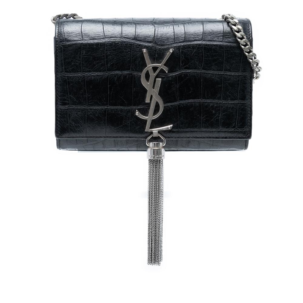 Saint Laurent B Saint Laurent Black Calf Leather Small Croc Embossed Monogram Kate Tassel Crossbody Italy