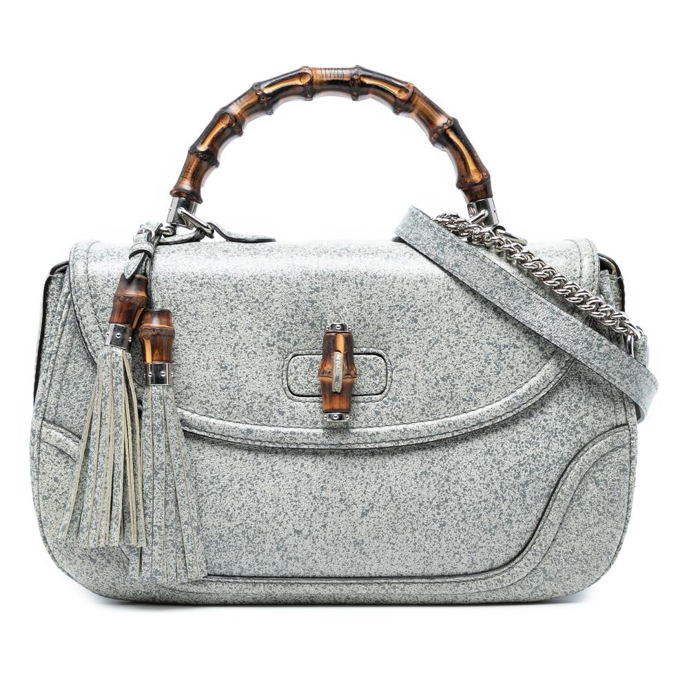 Gucci B Gucci Gray Calf Leather Large Speckled New Bamboo Top Handle Bag Italy