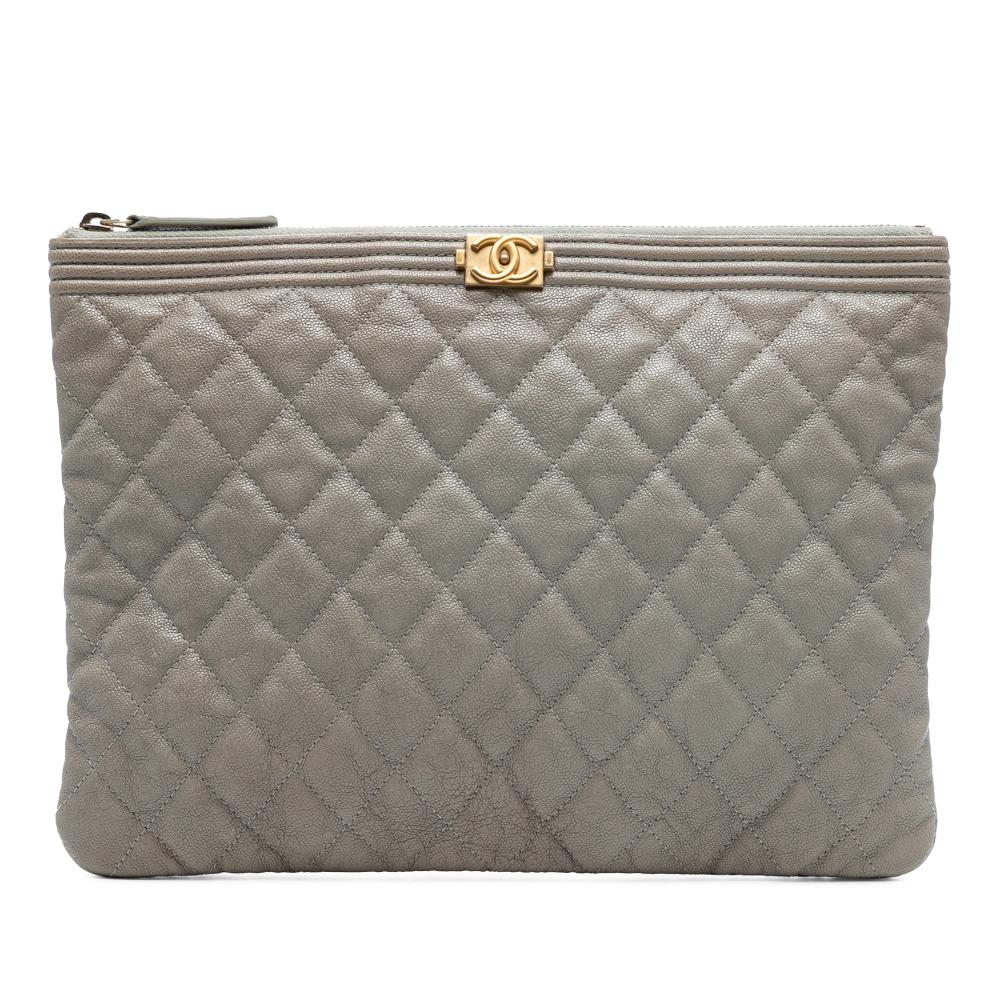 Chanel B Chanel Gray Caviar Leather Leather Medium Quilted Caviar Boy O Case Clutch Italy