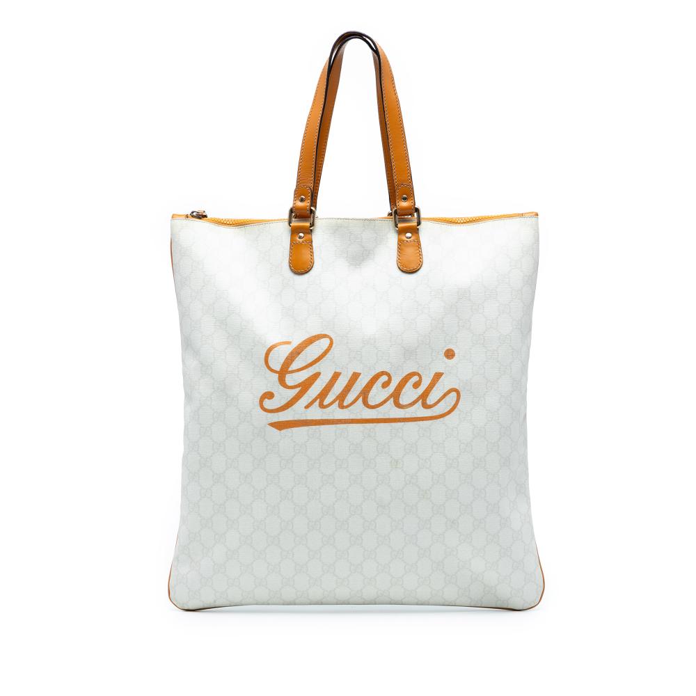 Gucci B Gucci White Coated Canvas Fabric GG Supreme Heritage Logo Flat Zip Tote Italy
