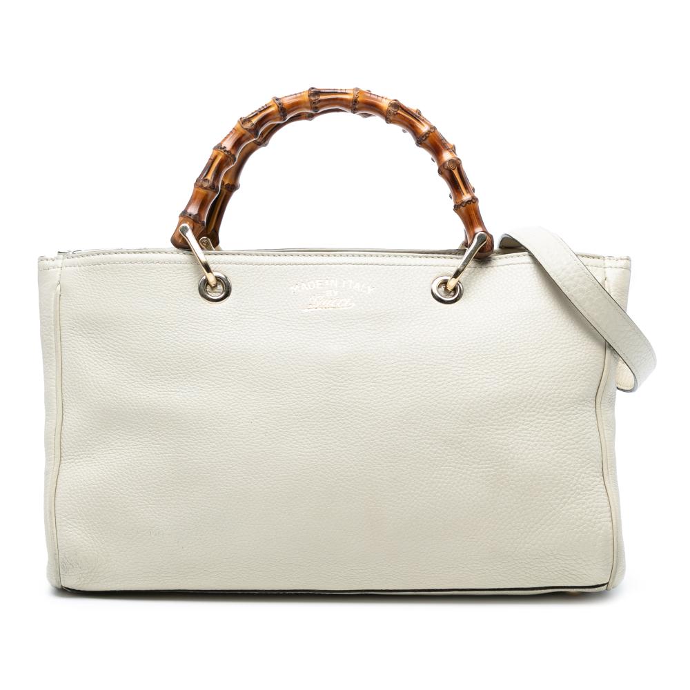 Gucci B Gucci White Calf Leather Medium skin Bamboo Shopper Satchel Italy
