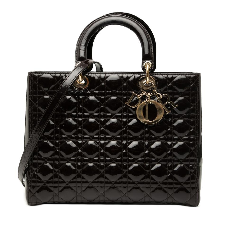 Christian Dior B Dior Brown Dark Brown Patent Leather Leather Large Patent Cannage Lady Dior Italy