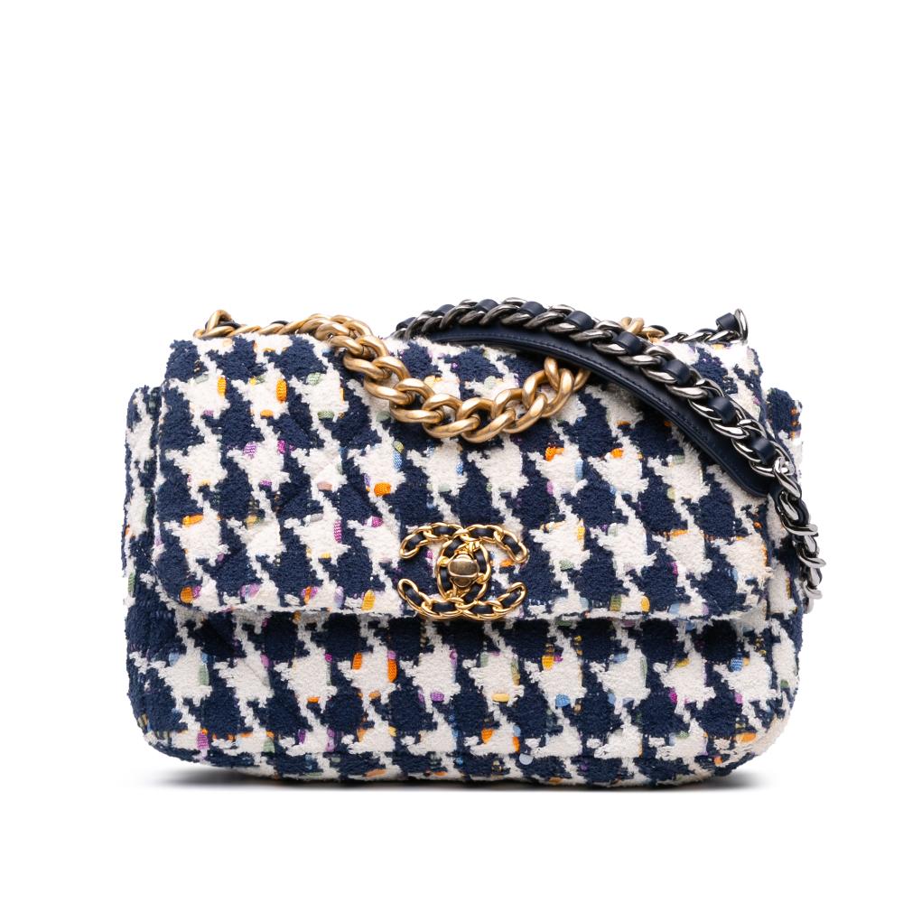 Chanel B Chanel Blue Navy Tweed Fabric Medium Houndstooth 19 Flap Italy