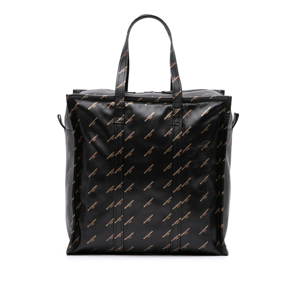 Balenciaga B Balenciaga Black Lambskin Leather Leather M Lambskin Allover Logo Bazar Shopper Satchel Italy