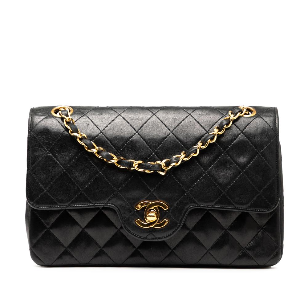 Chanel B Chanel Black Lambskin Leather Leather Small CC Quilted Lambskin Double Flap France