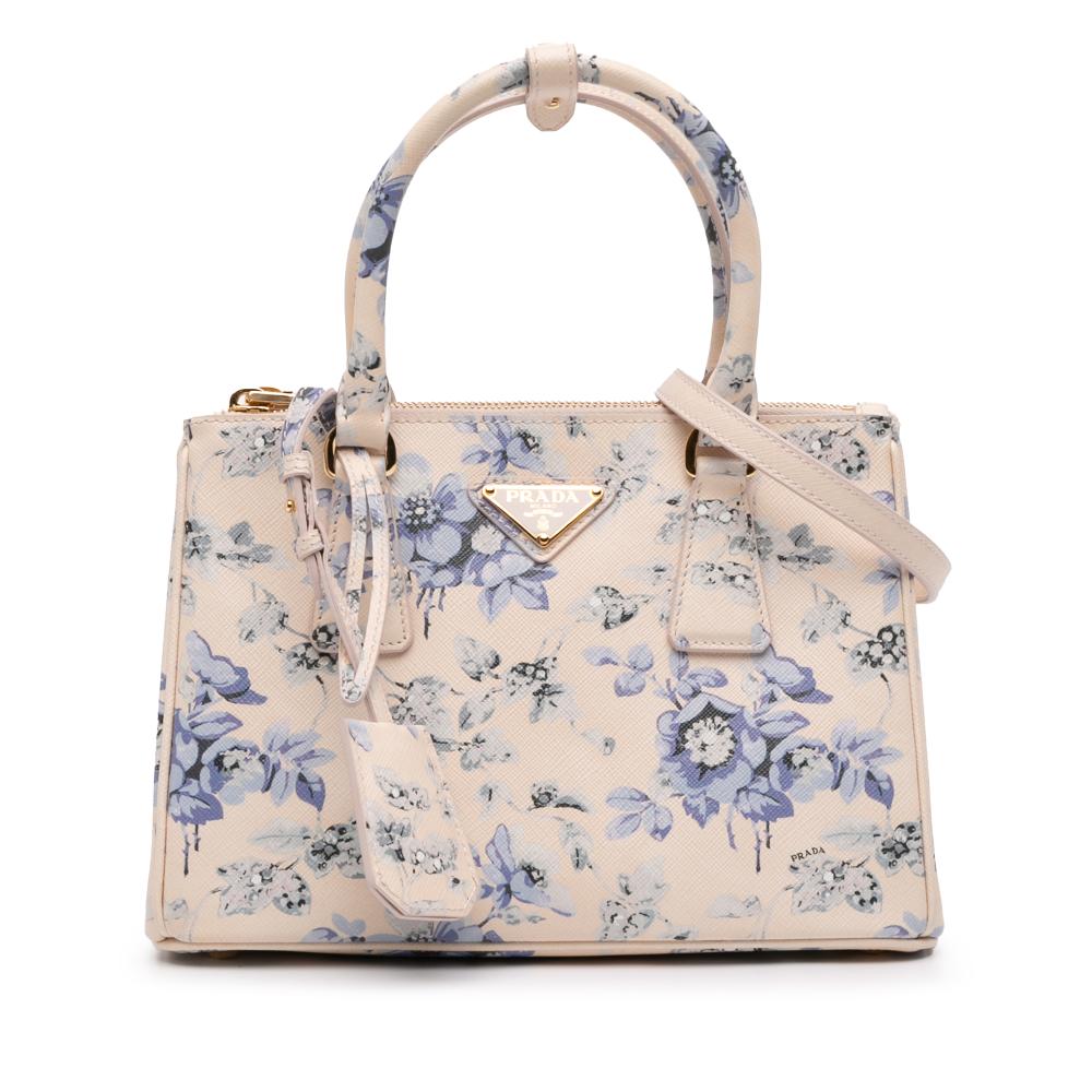 Prada AB Prada Pink Light Pink Saffiano Leather Small Lux Galleria Floral Print Double Zip Satchel Italy