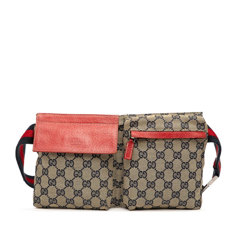 Gucci B Gucci Brown Beige with Red Canvas Fabric GG Web Double Pocket Belt Bag Italy