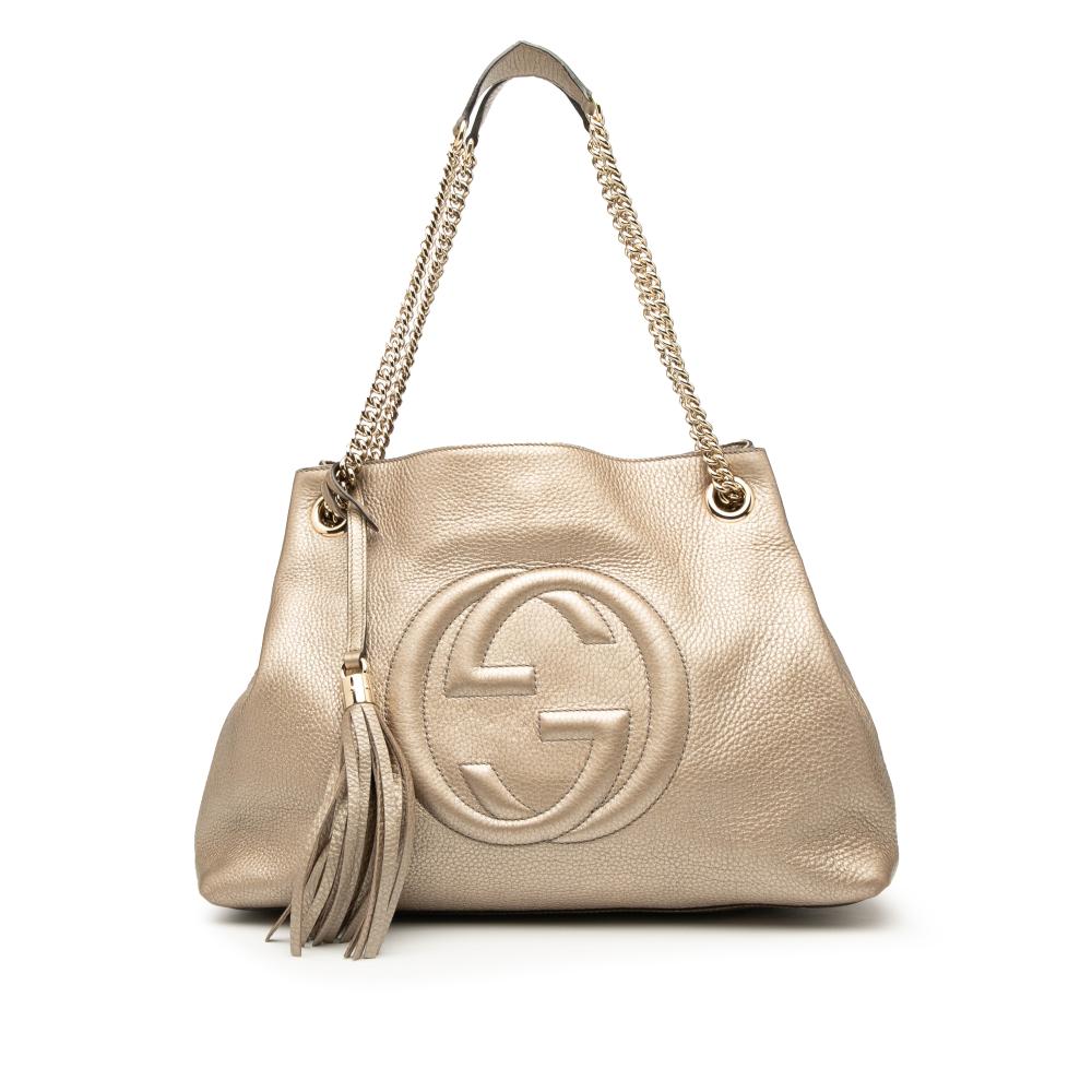 Gucci B Gucci Gold Light Gold Calf Leather Medium Metallic Soho Chain Tote Italy
