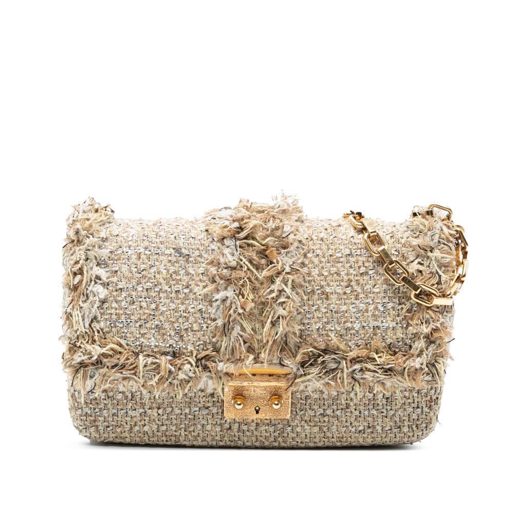 Christian Dior B Dior Brown Beige Tweed Fabric New Rock and Rhinestones Chain Shoulder Bag Italy