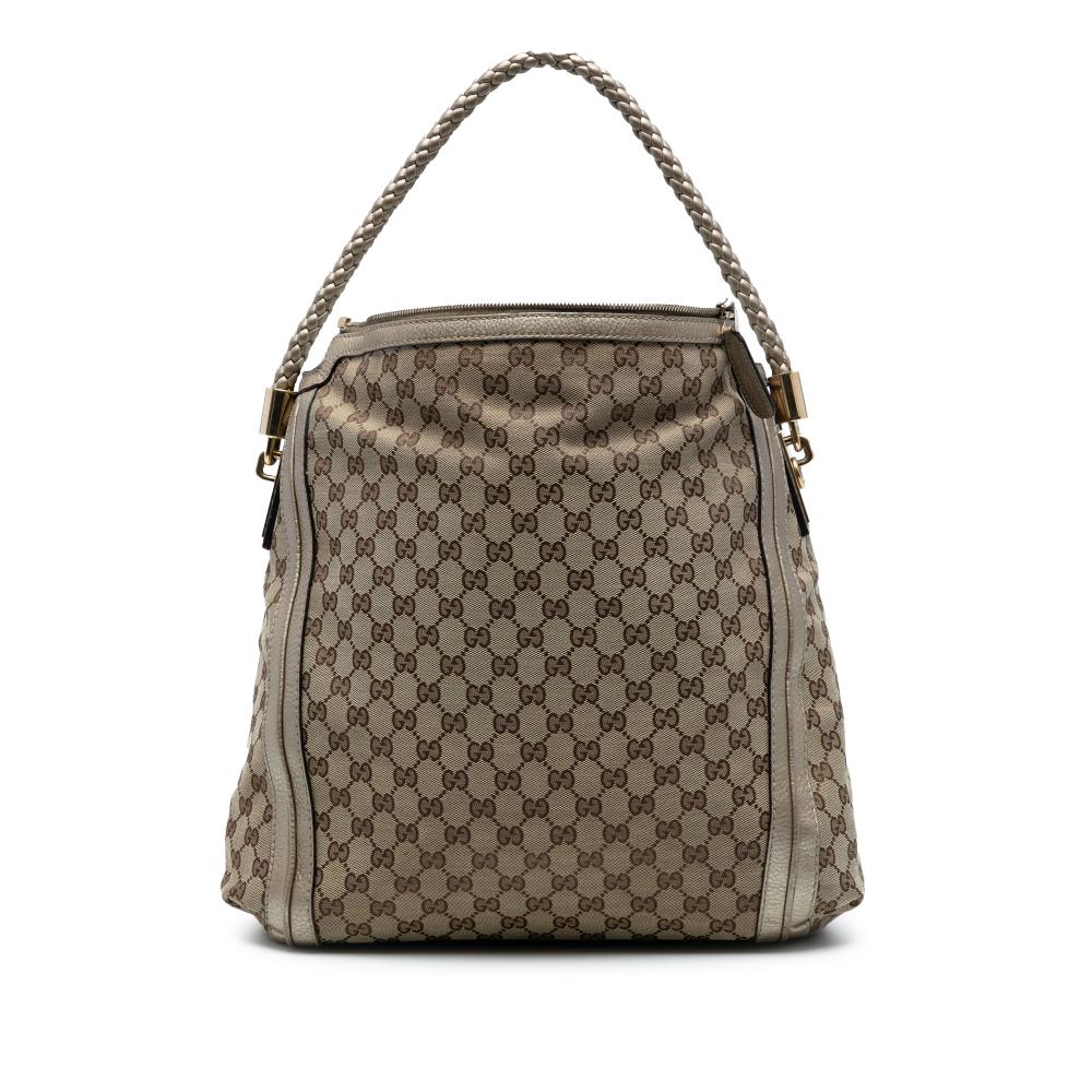 Gucci B Gucci Brown Beige with Gold Light Gold Canvas Fabric Large GG Bella Shoulder Bag Italy
