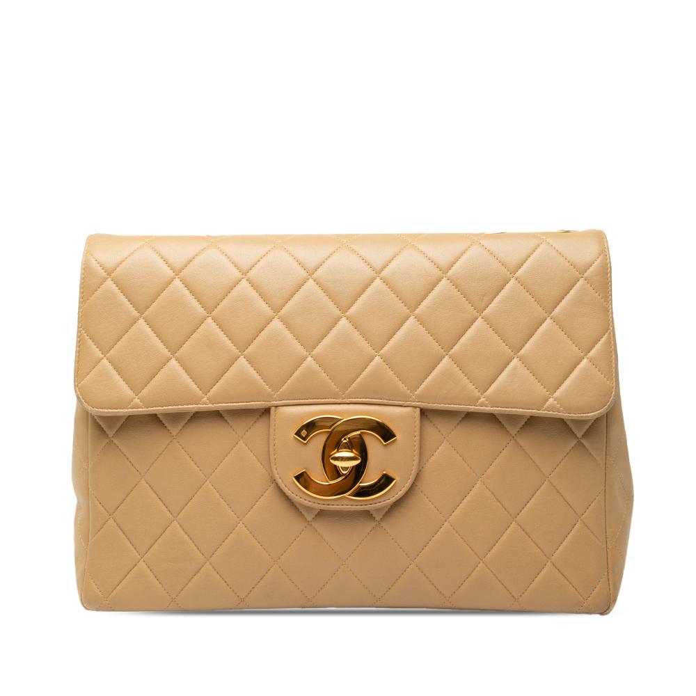 Chanel B Chanel Brown Beige Lambskin Leather Leather Jumbo XL Classic Lambskin Single Flap France