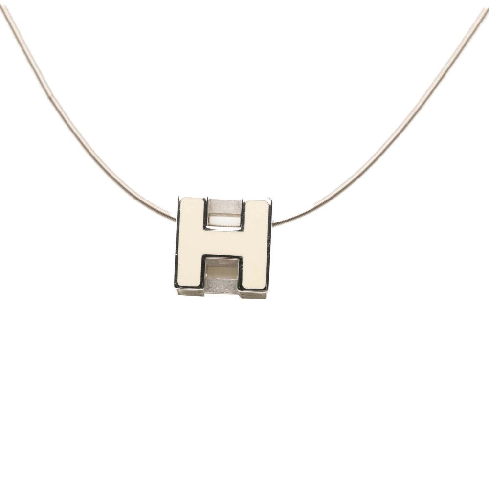 Hermès B Hermès White Ivory with Silver Enamel Other Palladium Plated Cage dH Cube Necklace France
