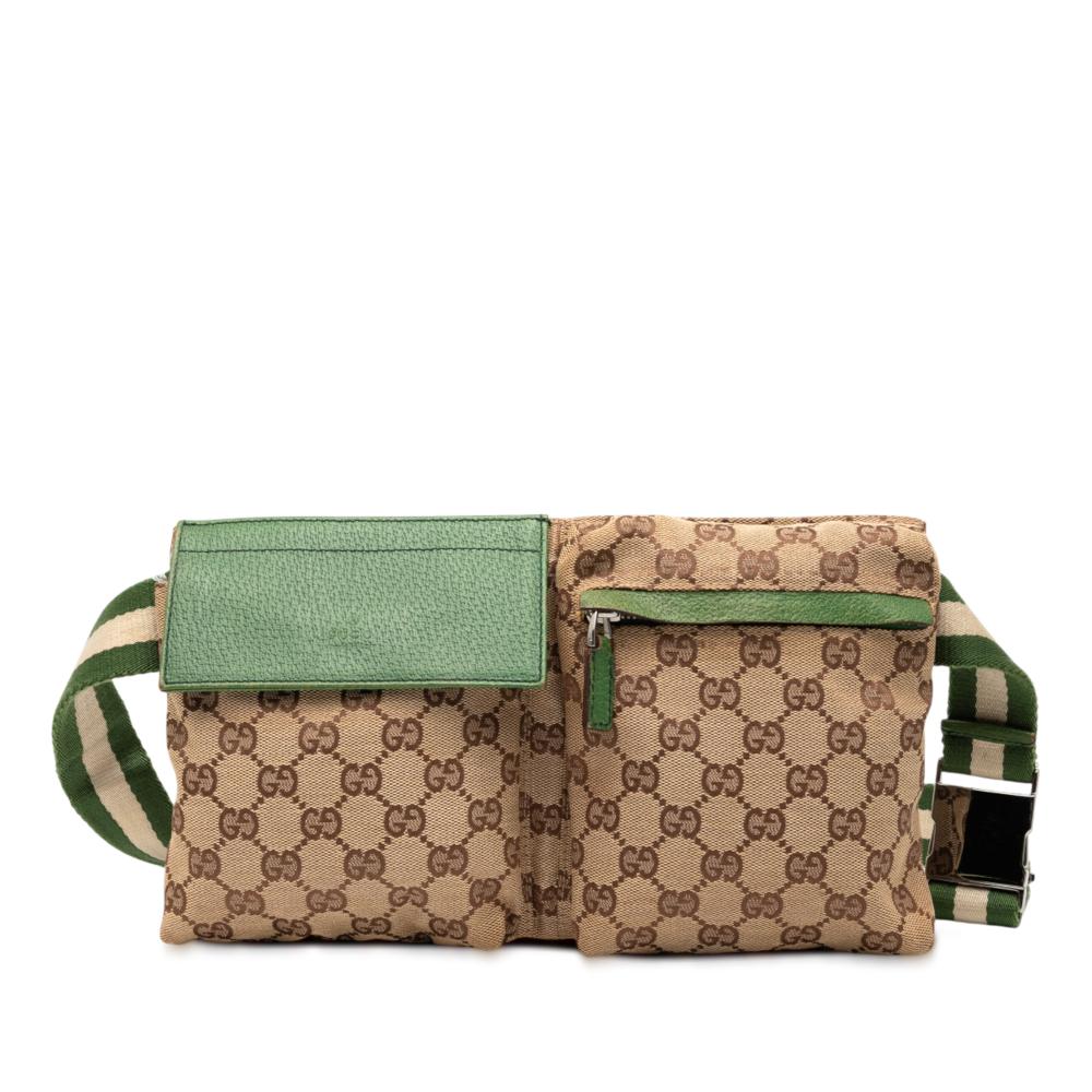Gucci B Gucci Brown Beige with Green Canvas Fabric GG Web Double Pocket Belt Bag Italy