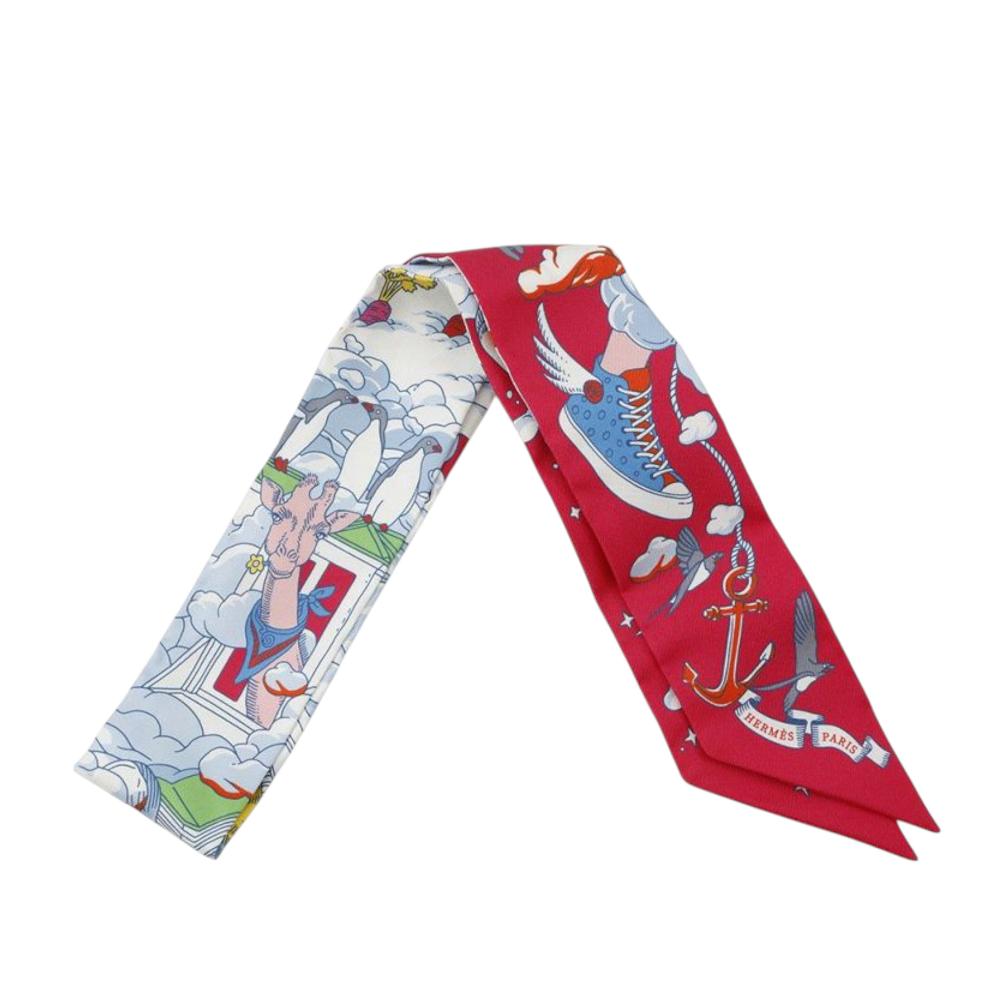 Hermès AB Hermès Pink Strawberry with Multi Silk Fabric Sur Mon Nuage Twilly Scarf France