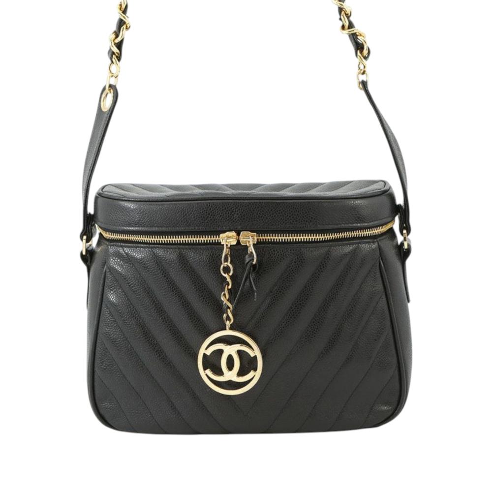 Chanel B Chanel Black Caviar Leather Leather CC Chevron Caviar Vanity Case with Chain Italy