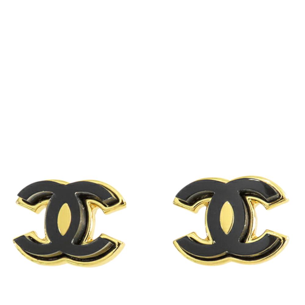Chanel AB Chanel Gold with Black Gold Plated Metal Enamel CC Push Back Earrings Italy