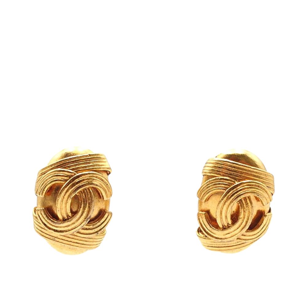 Chanel B Chanel Gold Gold Plated Metal CC Clip On Earrings France