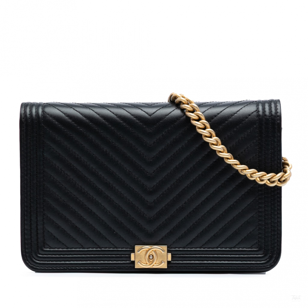 Chanel Boy Lambskin Leather Chevron Wallet on Chain Crossbody Black