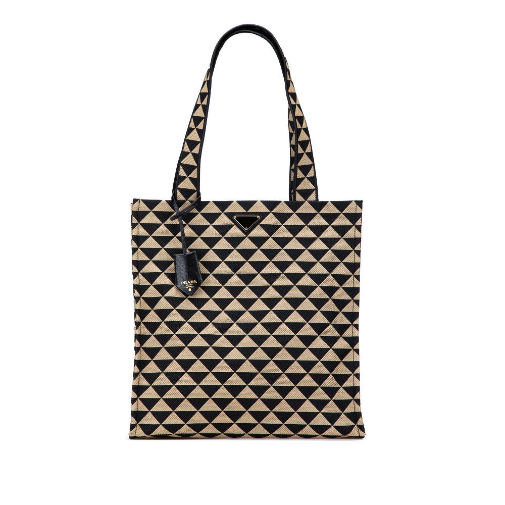 Prada AB Prada Brown Beige Canvas Fabric Embroidered Triangolo Symbole Shopping Tote Italy