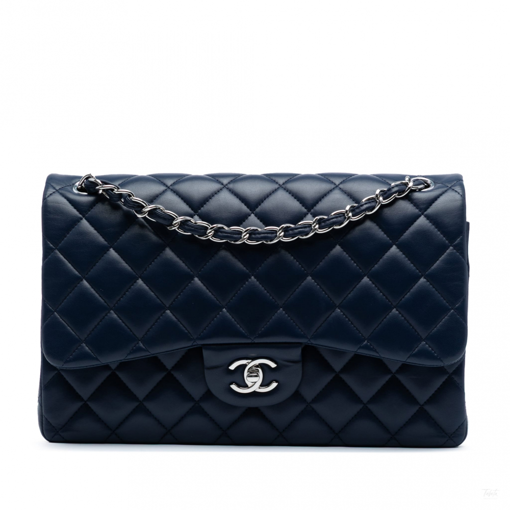 Chanel Classic Double Flap Jumbo Lambskin Leather Matelassè Handbag Blue