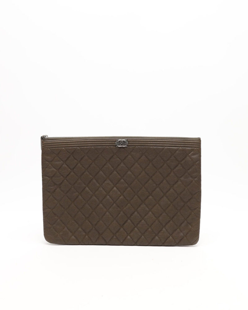Chanel Caviar Khaki Boy Clutch Bag, Fits 14-inch Laptop