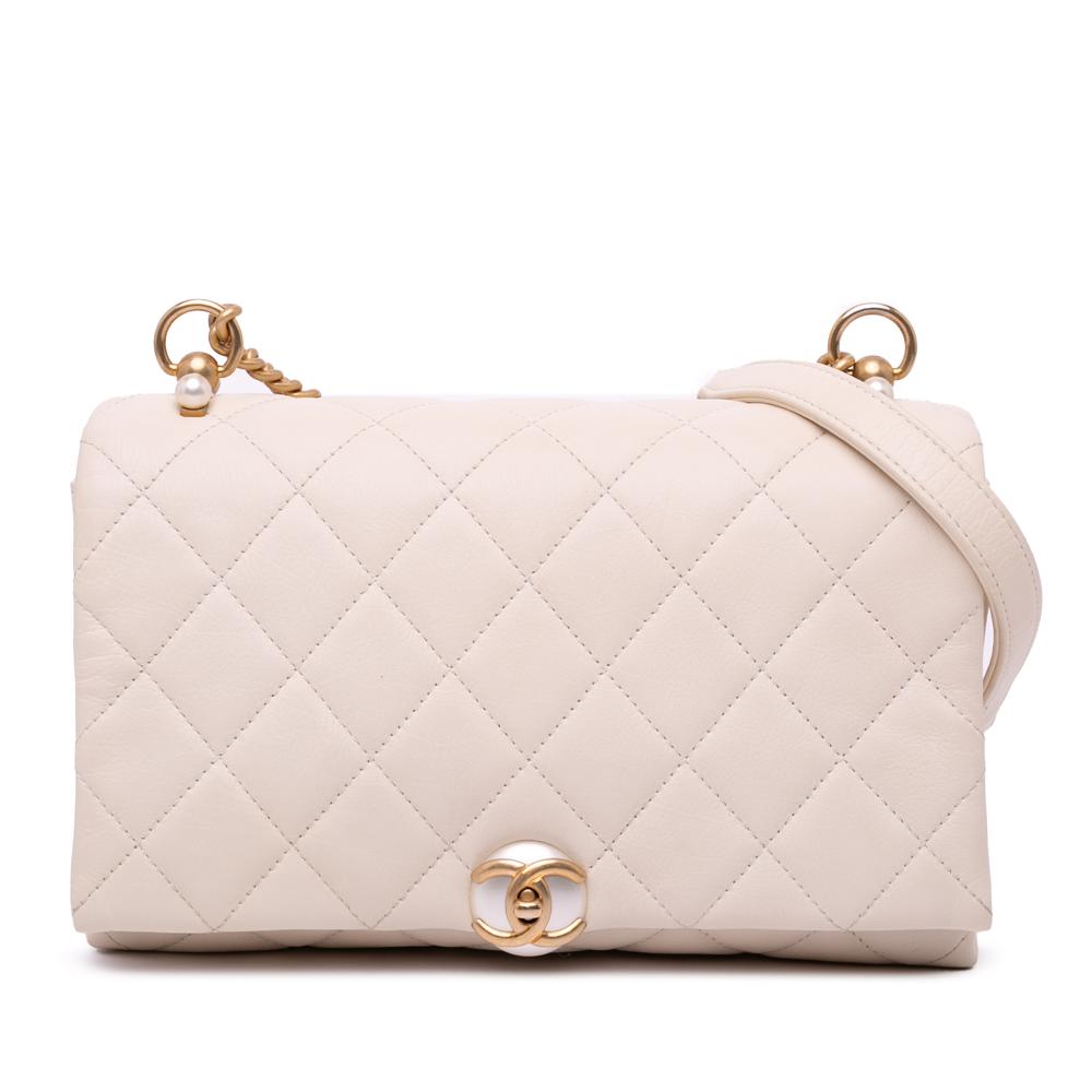 Chanel AB Chanel White Ivory Calf Leather Small Quilted skin Pearl CC Accordion Flap Italy