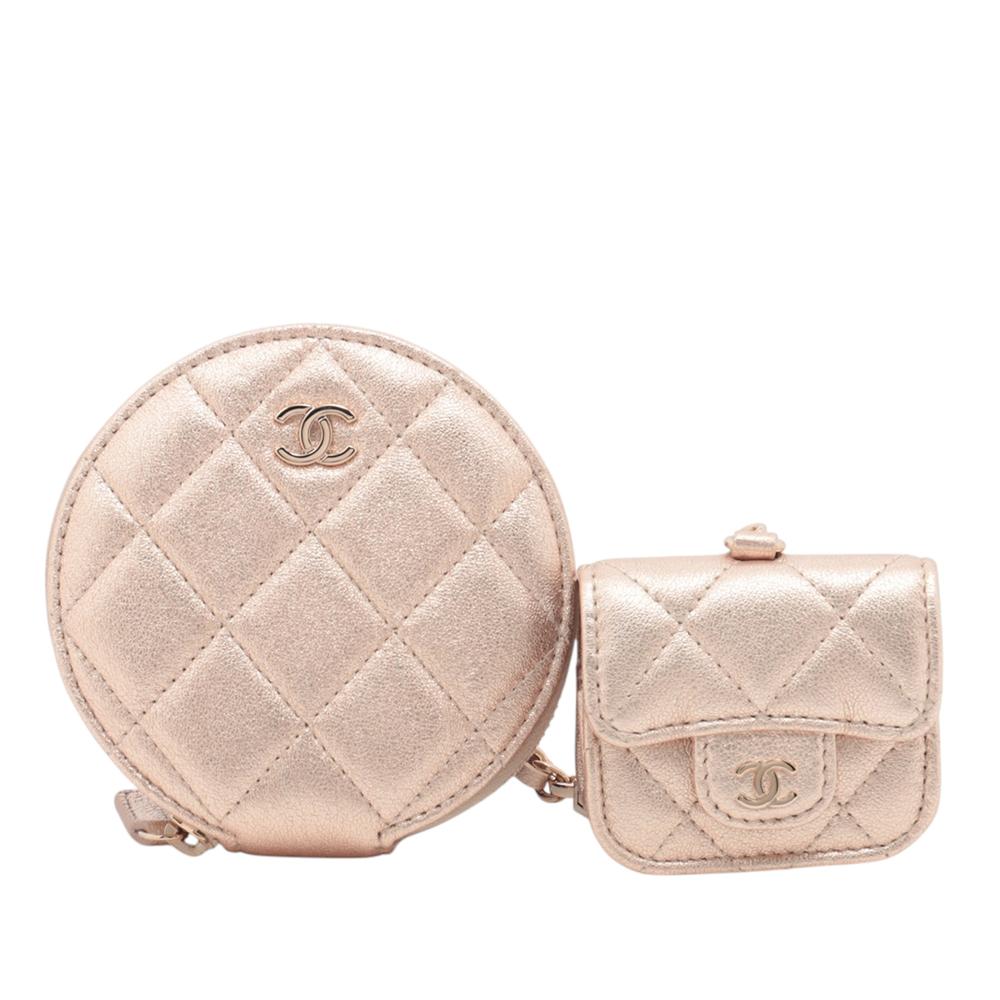 Chanel Pink CC Quilted Metallic Lambskin Coin Pouch and AirPods Pro Case Italy