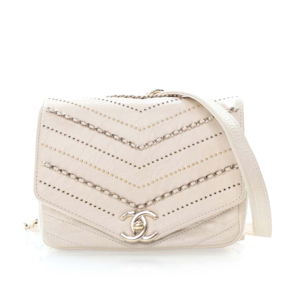 Chanel AB Chanel White Ivory Calf Leather Mini Chevron Crinkled skin Embellished Envelope Flap Italy