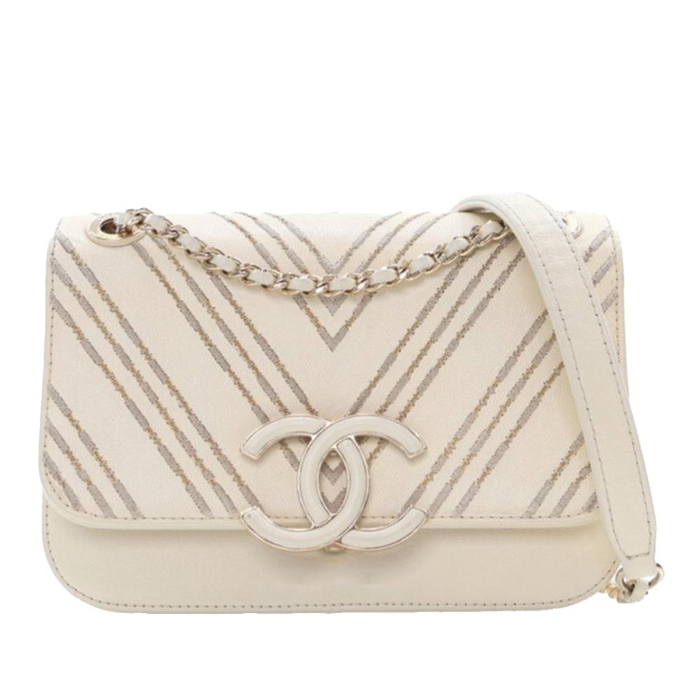 Chanel AB Chanel White Ivory Sheepskin Leather Leather Small CC Chevron Sheepskin Subtle Flap Italy