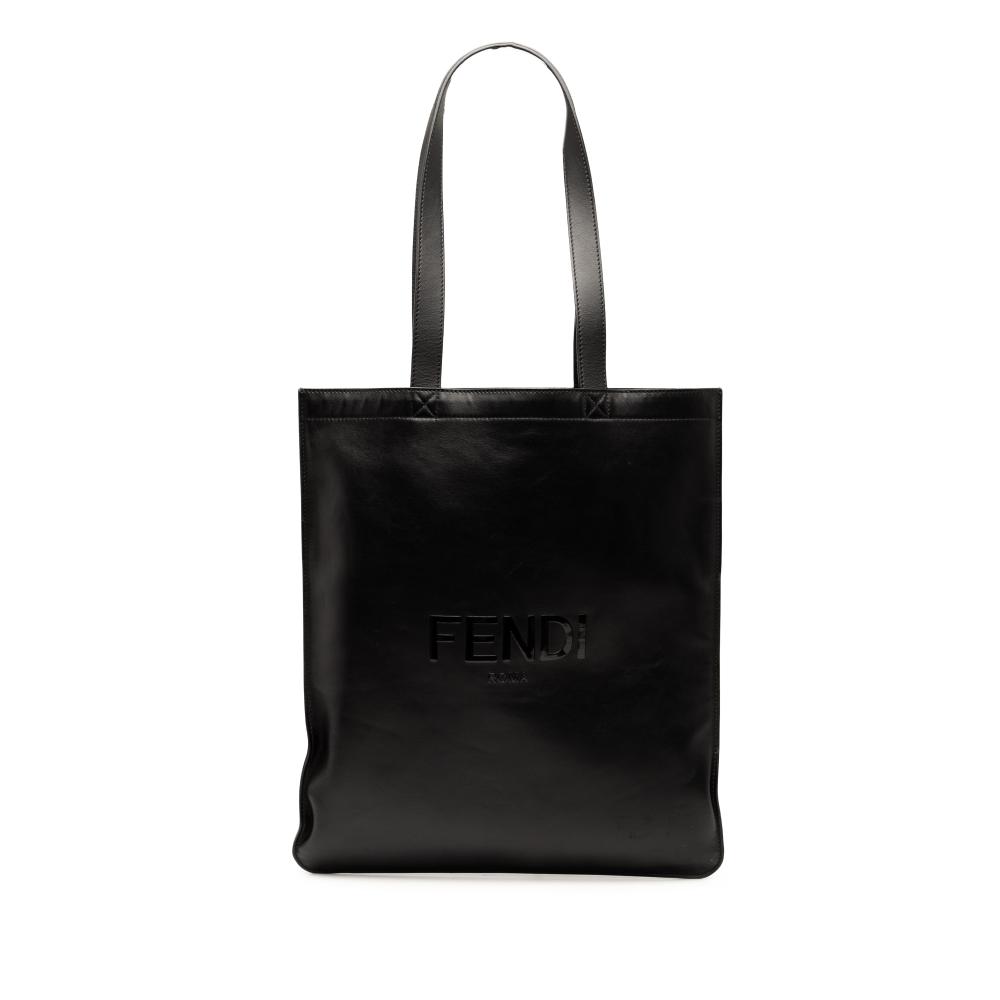 Fendi B Fendi Black Calf Leather Embossed Logo Shopper Tote Italy
