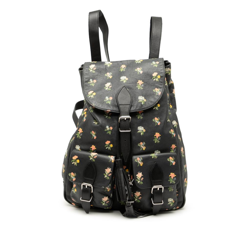 Saint Laurent B Saint Laurent Black with Multi Calf Leather Prairie Floral Printed Festival Backpack Italy