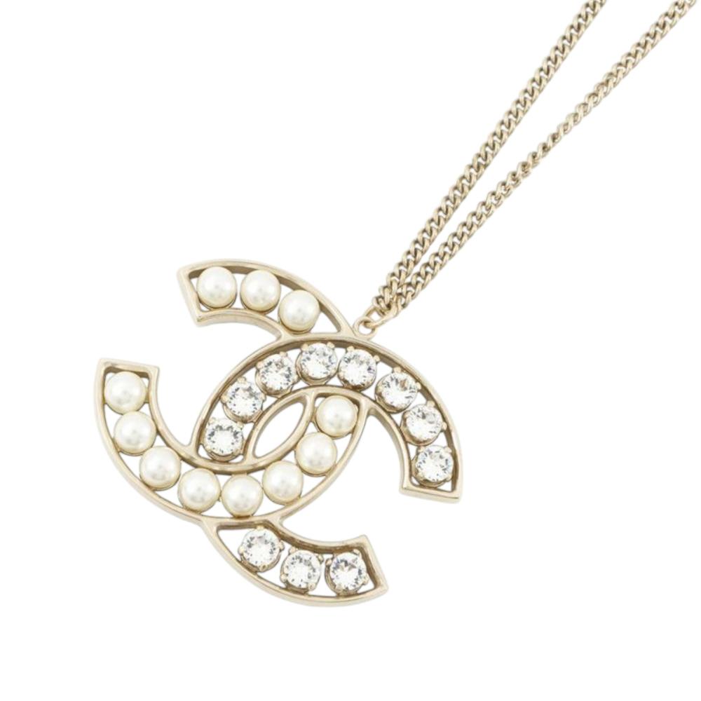 Chanel AB Chanel Gold Gold Plated Metal Faux Pearls and Crystals CC Pendant Necklace Italy