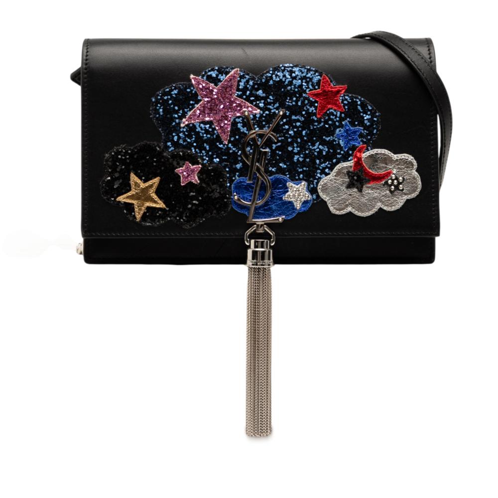 Saint Laurent Black Calfskin Cloud Star Applique Classic Monogram Kate Tassel Wallet on Chain Italy