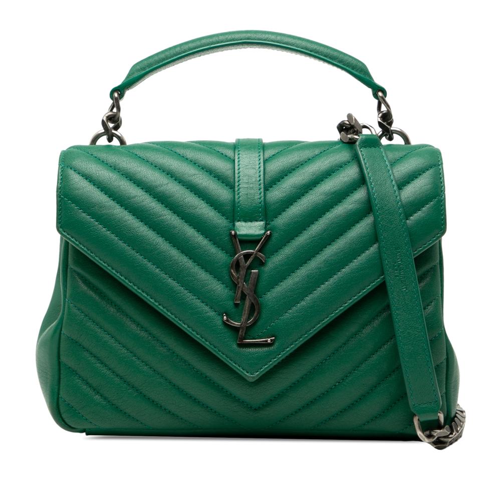 Saint Laurent Green Sheepskin Leather Leather Medium Quilted Chevron Sheepskin College Satchel Italy