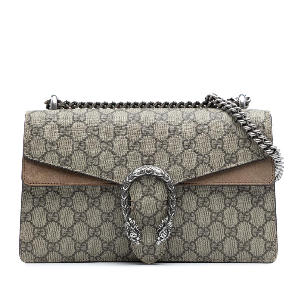 Gucci B Gucci Brown Beige Coated Canvas Fabric Medium GG Supreme Dionysus Shoulder Bag Italy
