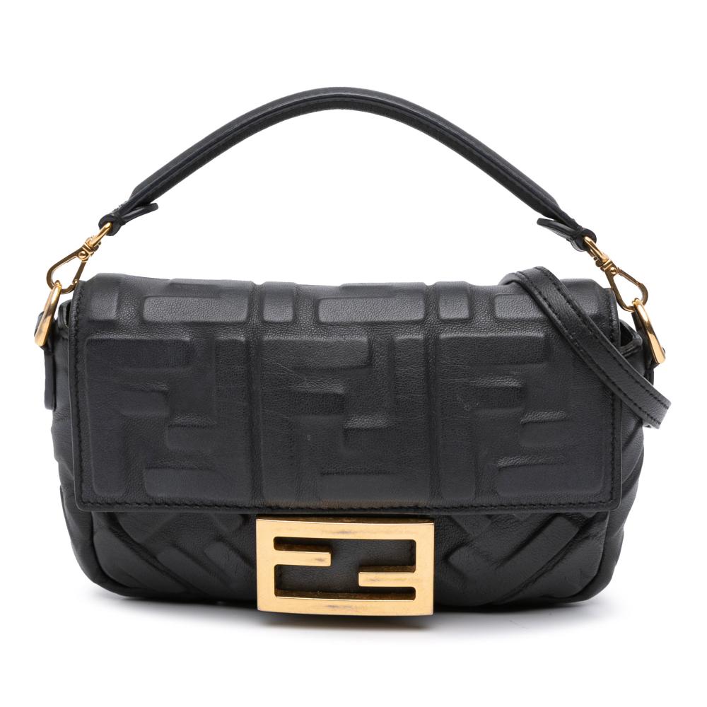 Fendi B Fendi Black Calf Leather Mini Zucca Embossed Baguette Satchel Italy