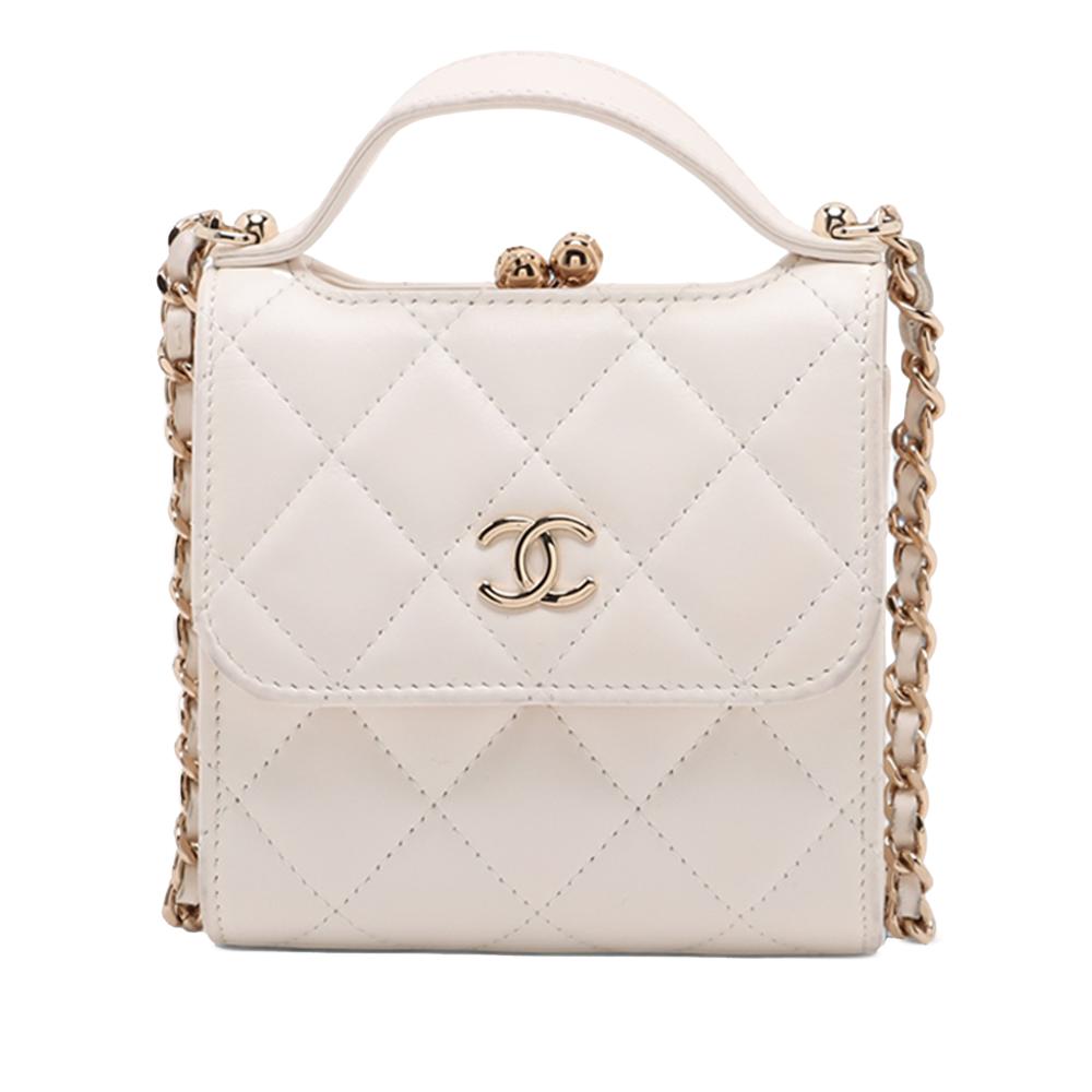 Chanel White Mini CC Quilted Lambskin Kiss Lock Frame Top Handle Clutch with Chain France