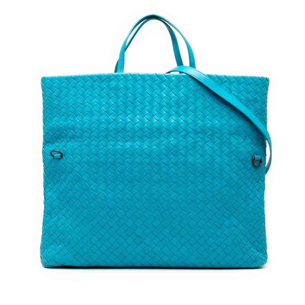 Bottega Veneta B Bottega Veneta Blue Aqua Nappa Leather Leather Nappa Intrecciato Fold Over Tote Italy