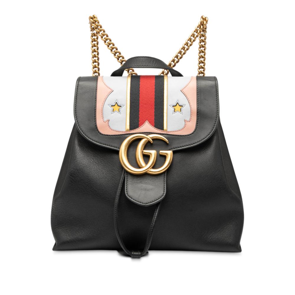 Gucci AB Gucci Black Calf Leather GG Marmont Web Heart Backpack Italy