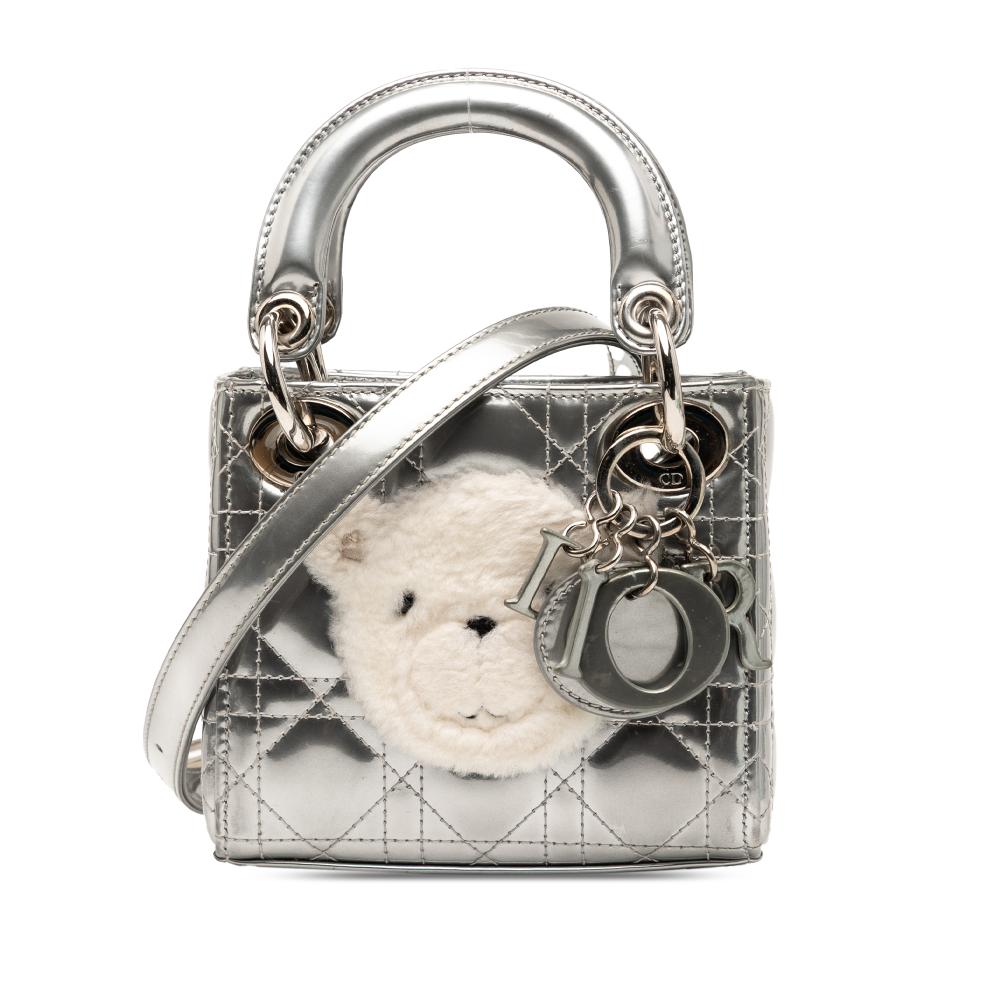 Christian Dior B Dior Silver Lambskin Leather Leather Micro Metallic Lambskin Cannage Bear Lady Dior Italy