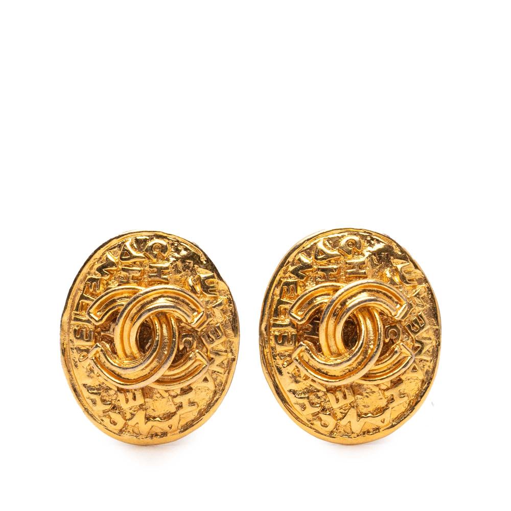 Chanel B Chanel Gold Gold Plated Metal CC Oval Clip on Earrings France