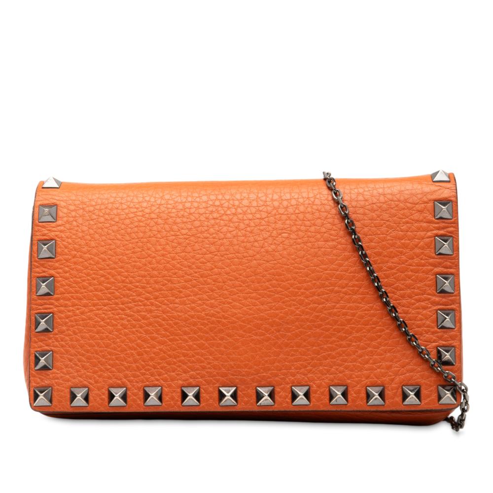 Valentino B Valentino Orange Calf Leather Pebbled skin Rockstud Clutch on Chain Italy