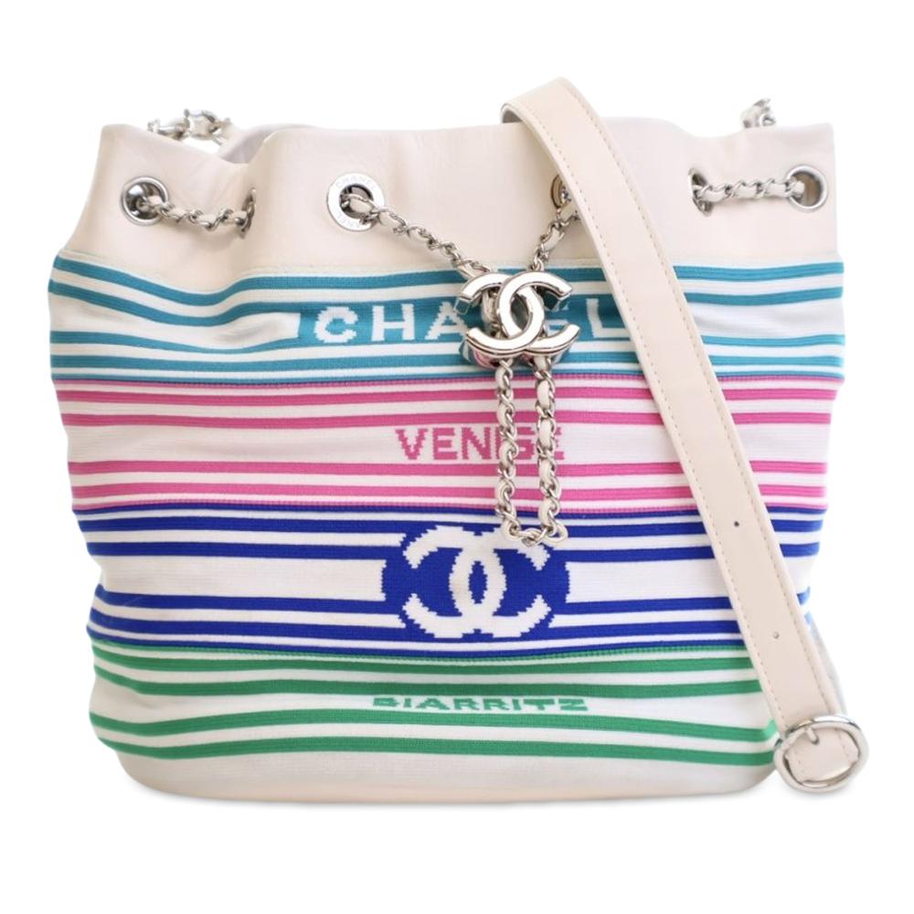 Chanel AB Chanel White with Multi Fiber Fabric Mixed s and Aged Calfskin Venise Biarritz Bucket Bag Italy