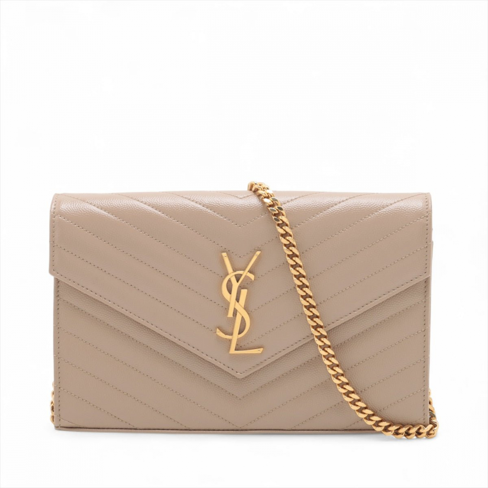 Saint Laurent Cassandre Classic Grained Calfskin Leather Chevron Quilted Wallet on Chain Shoulder Bag Beige