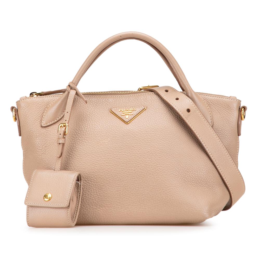 Prada B Prada Brown Beige Calf Leather Vitello Daino Zip Top Satchel Romania