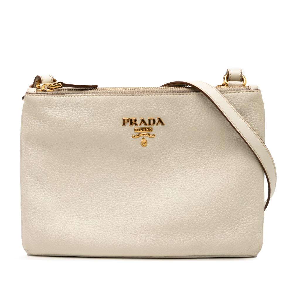 Prada B Prada White Calf Leather Vitello Daino Double Zip Crossbody Romania