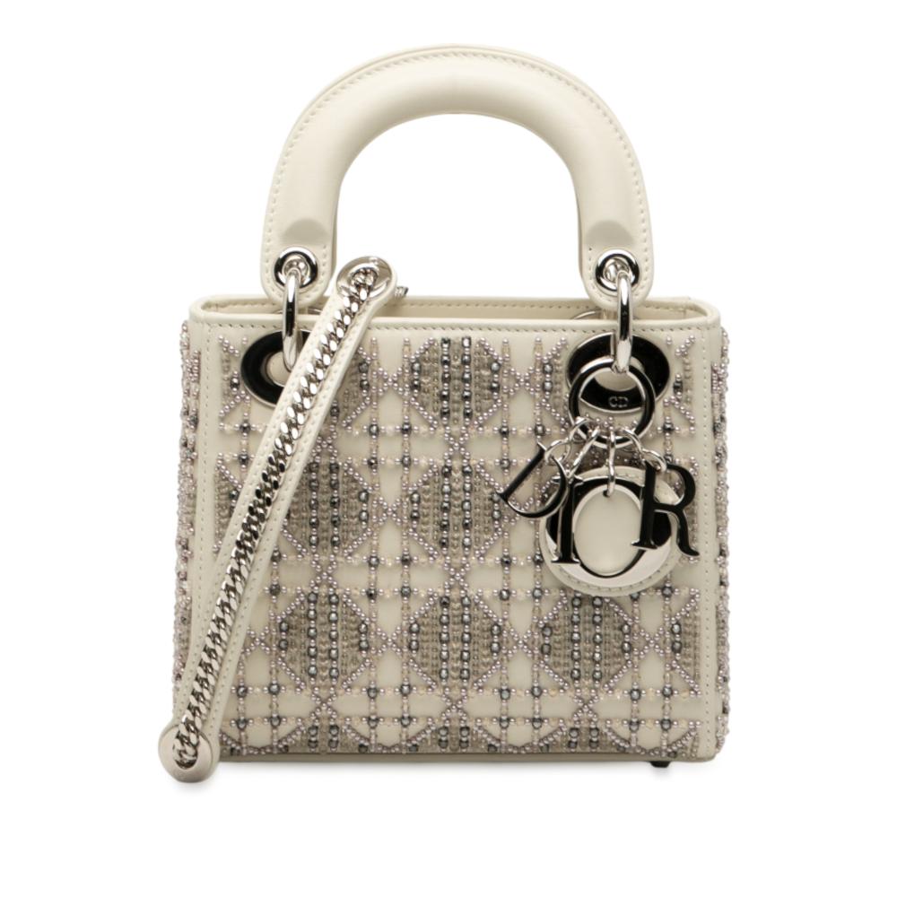 Christian Dior B Dior White Pearl Lambskin Leather Leather Mini Lambskin Cannage Beaded Lady Dior Italy
