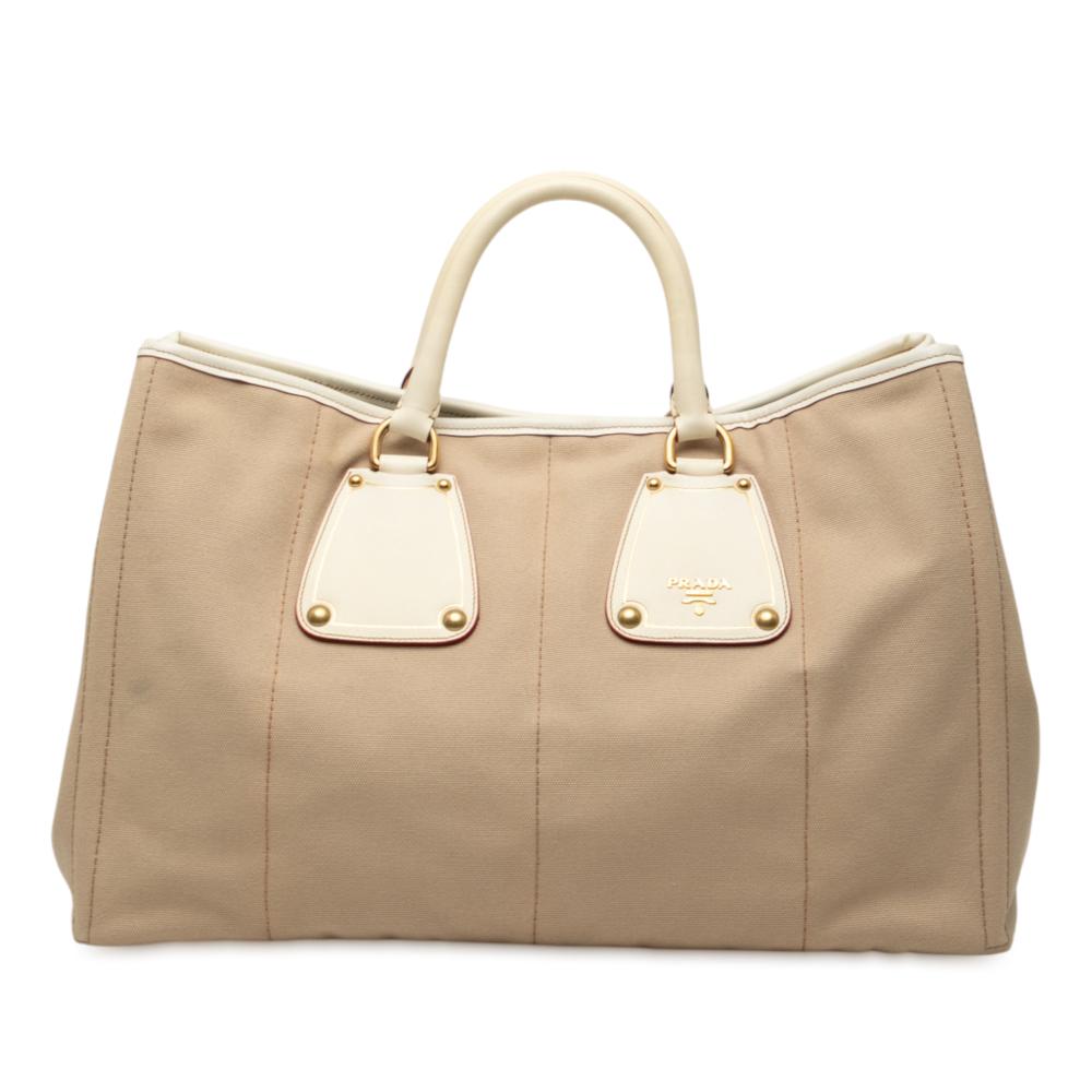 Prada B Prada Brown Beige Canvas Fabric Canapa Tote Italy