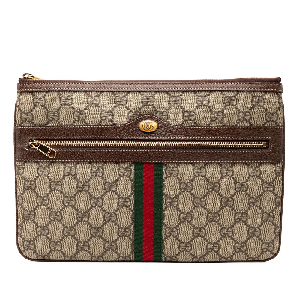 Gucci AB Gucci Brown Beige Coated Canvas Fabric GG Supreme Web Ophidia Clutch Italy